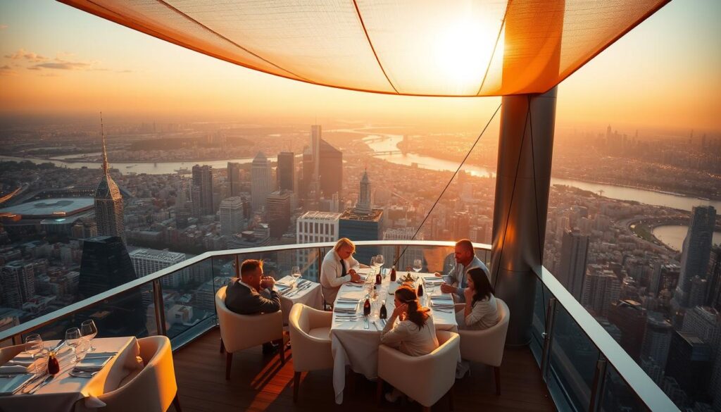 A floating platform suspended high above a sprawling city, bathed in the warm glow of golden sunset light. Elegant diners enjoy a lavish multi-course meal, surrounded by the open sky and breathtaking city views. Sleek modern furniture, crisp white tablecloths, and the gentle sway of the platform create an atmosphere of refined, elevated dining. Overhead, a delicate canopy filters the light, casting a soft, diffused illumination upon the scene. In the distance, the silhouettes of skyscrapers and the twinkling of city lights set the stage for this extraordinary, once-in-a-lifetime dining experience.