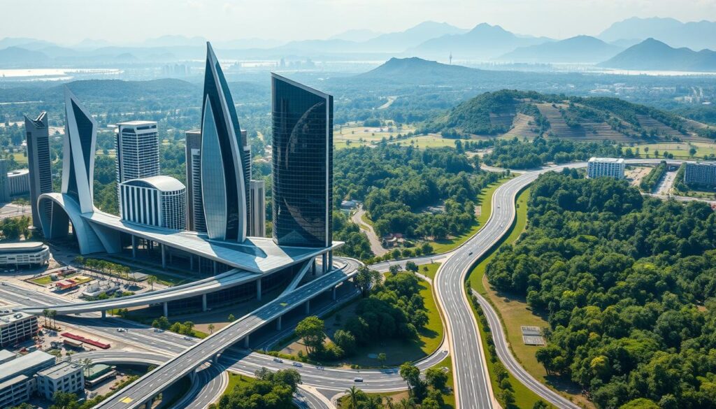 A high-resolution, hyper-realistic illustration depicting two strategic policy options for the new capital city of Indonesia, IKN. The foreground showcases a modern, futuristic cityscape with sleek, angular skyscrapers and efficient transportation systems. In the middle ground, two diverging paths emerge, symbolizing the two policy alternatives - one path leading to a sustainable, eco-friendly development, the other to a more traditional, resource-intensive approach. The background features a panoramic view of the surrounding natural landscape, with lush, verdant forests and rolling hills, conveying a sense of harmony and balance. The lighting is crisp and directional, casting dramatic shadows and highlights to emphasize the architectural details and the contrasting policy choices. The overall mood is one of strategic vision, innovation, and environmental consciousness.