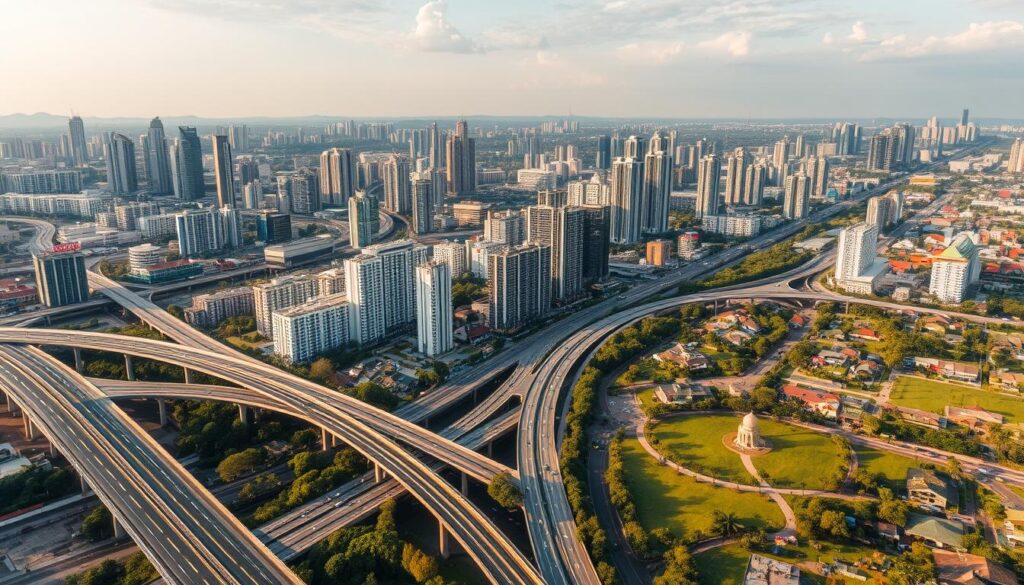 A sprawling landscape of towering skyscrapers, bustling infrastructure, and thriving communities, the Nusantara Capital City (IKN) stands as a symbol of Indonesia's bold vision for equitable development. In the foreground, a network of modern highways and railways seamlessly connect neighborhoods, facilitating the flow of people and goods. The middle ground showcases a diverse array of residential and commercial buildings, their sleek designs and efficient layouts reflecting the city's commitment to sustainable urbanism. In the background, lush green spaces and verdant parks dotted with public amenities create a harmonious balance between urban progress and environmental preservation. Warm, golden-hued lighting casts a welcoming glow, evoking a sense of prosperity and community. This image captures the transformative impact of the IKN, where innovative infrastructure, thoughtful planning, and a focus on inclusive growth converge to foster a more equitable and prosperous future for all Indonesians.