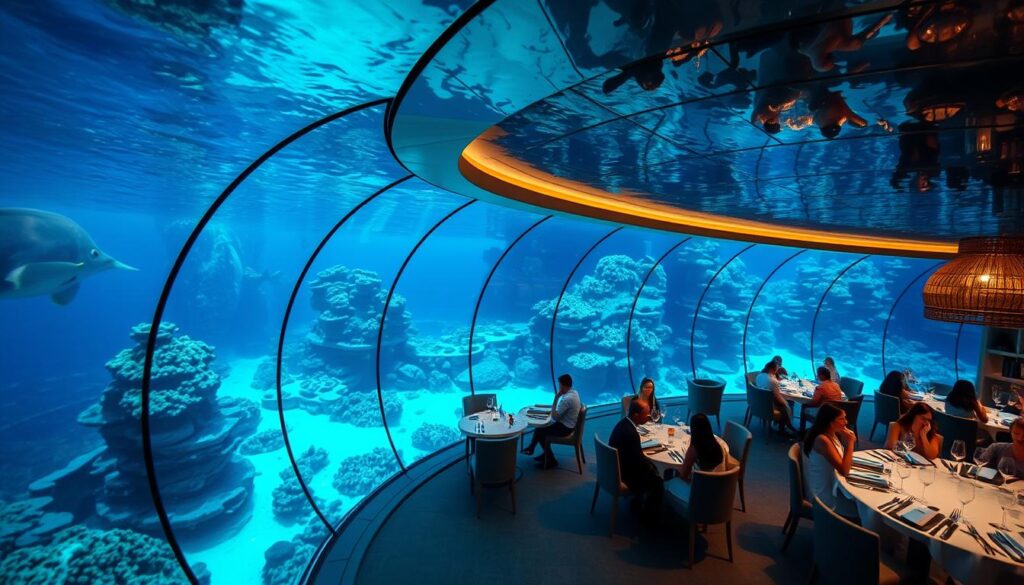 Underwater restaurant situated in the serene depths of the Indian Ocean, surrounded by vibrant coral reefs and a diverse array of marine life. Ithaa Undersea Restaurant, with its curved glass exterior, offers a 180-degree panoramic view of the azure waters and their inhabitants. Soft, ambient lighting illuminates the modern, minimalist decor, creating an intimate and immersive dining experience. Patrons are seated at elegantly set tables, enjoying a gourmet menu while marveling at the tranquil, otherworldly environment. A sense of peaceful isolation pervades the scene, as if guests have been transported to a hidden, underwater oasis.