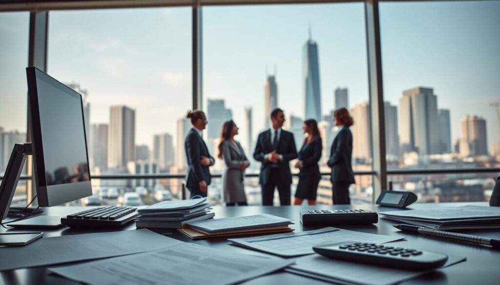 A modern office setting with an accountant's desk in the foreground, surrounded by financial documents, a computer, and a calculator. In the middle ground, a group of professionals in business attire engaged in discussion, representing the diverse career opportunities in accounting. The background features a cityscape with towering skyscrapers, symbolizing the vibrant economic landscape that accountants navigate. Soft, natural lighting illuminates the scene, creating a sense of professionalism and productivity. The overall atmosphere conveys the dynamic and rewarding nature of the accounting profession.
