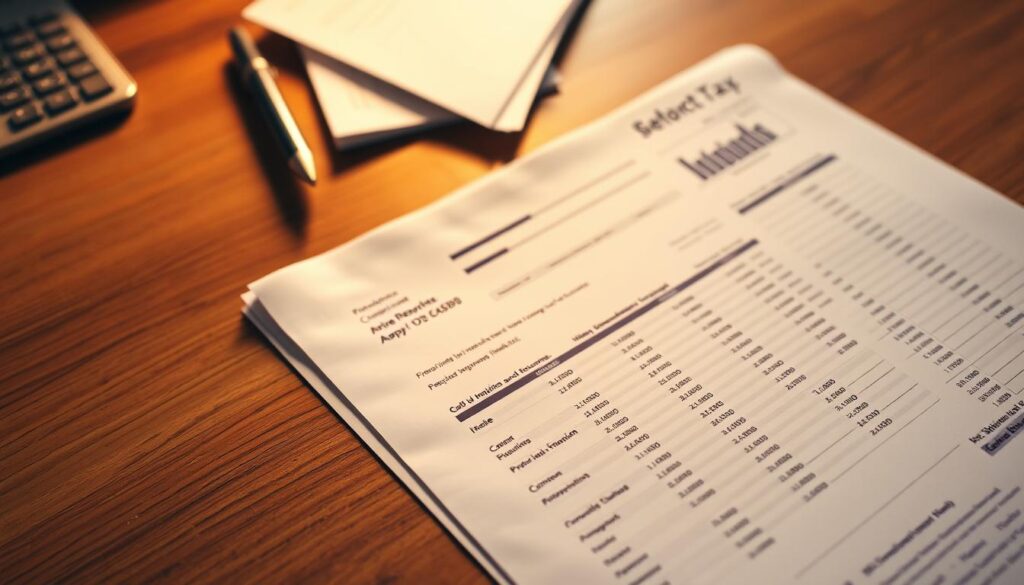 A neatly organized financial report on a wooden desk, illuminated by warm, directional lighting. The report pages feature meticulous accounting records, balance sheets, and tabulated data, conveying a sense of professionalism and attention to detail. The background is slightly blurred, drawing the viewer's focus to the central report. The overall mood is one of clarity, precision, and careful financial management, reflecting the intersection of accounting and taxation curriculum.