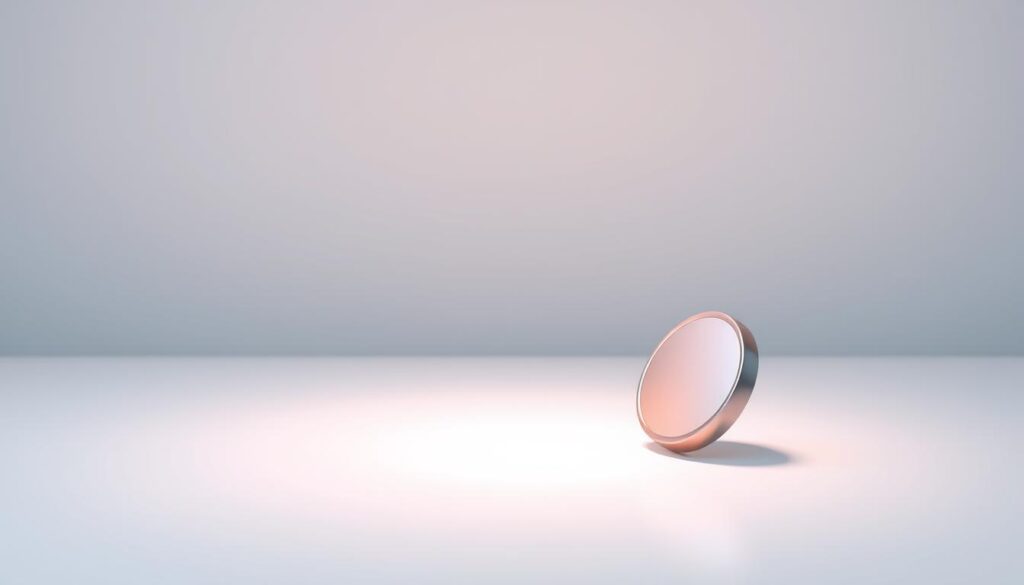 A floating action button (FAB) hovering above a clean, minimalist user interface. The button is circular, made of a glossy, metallic material, and emits a soft, ambient glow. It is situated in the lower-right corner, casting a subtle shadow on the smooth, neutral-toned background. The lighting is diffused and natural, creating a sense of depth and dimension. The angle showcases the button's 3D form, highlighting its tactile, physical presence within the digital space. An inviting, user-friendly atmosphere pervades the scene, hinting at the button's intuitive functionality and seamless integration into the overall design.