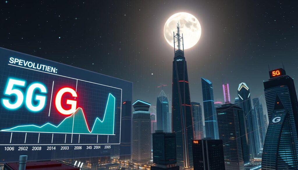 A futuristic cityscape at night showcasing the revolution of 5G network speed. In the foreground, a high-tech digital display illustrates dynamic graphs comparing 5G speeds against older generations, with vibrant neon colors to emphasize the contrast. The middle ground features sleek skyscrapers adorned with glowing antennas and satellite dishes, symbolizing advanced technology; digital connections can be visualized as glowing lines linking devices. The background shows a star-filled sky, accentuated by a full moon casting a soft yet bright light across the city, enhancing the modern ambiance. The atmosphere is energetic and forward-looking, with a sense of rapid technological advancement. Use a wide-angle lens effect to capture the bold scale of the city, highlighting the transformative power of 5G for IoT and gaming ecosystems.