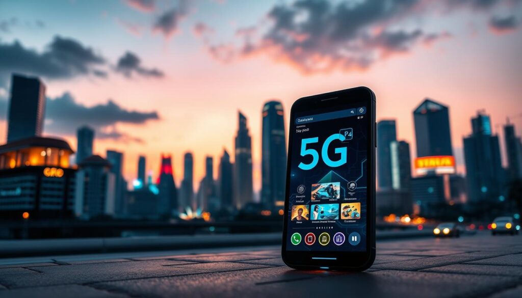 A futuristic cityscape showcasing the impact of 5G technology in Indonesia. In the foreground, a modern smartphone displays fast-loading IoT applications with vibrant graphics, symbolizing speed. The middle ground features dynamic, translucent data streams flowing seamlessly between smart homes, vehicles, and gaming setups, illustrating interconnectedness. In the background, a skyline of high-tech skyscrapers glows under a twilight sky, enhanced by brilliant neon lights, reflecting a digital future. Utilize dramatic, focused lighting to emphasize the smartphone and data streams, while a low-angle perspective adds depth. The overall atmosphere is energetic and innovative, representing the fast-paced advancements of 5G technology in enhancing the ecosystem of IoT and gaming experiences.