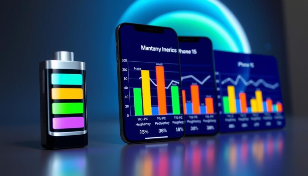A sleek, modern comparison chart displaying battery performance across various iPhone models, including the latest iPhone 15, arranged in a visually appealing layout. In the foreground, a stylish smartphone battery icon with vibrant colors, symbolizing energy levels. The middle layer features a neatly organized set of bar graphs or line charts, showcasing battery longevity metrics and usage statistics in bright, contrasting colors for clarity. In the background, a subtle gradient or soft-focus tech-themed design, conveying a sense of innovation and modernity. The lighting is bright yet soft, creating an inviting atmosphere that emphasizes clarity and information. The angle is a slight perspective view, giving depth to the visual comparison. No text or overlays present.