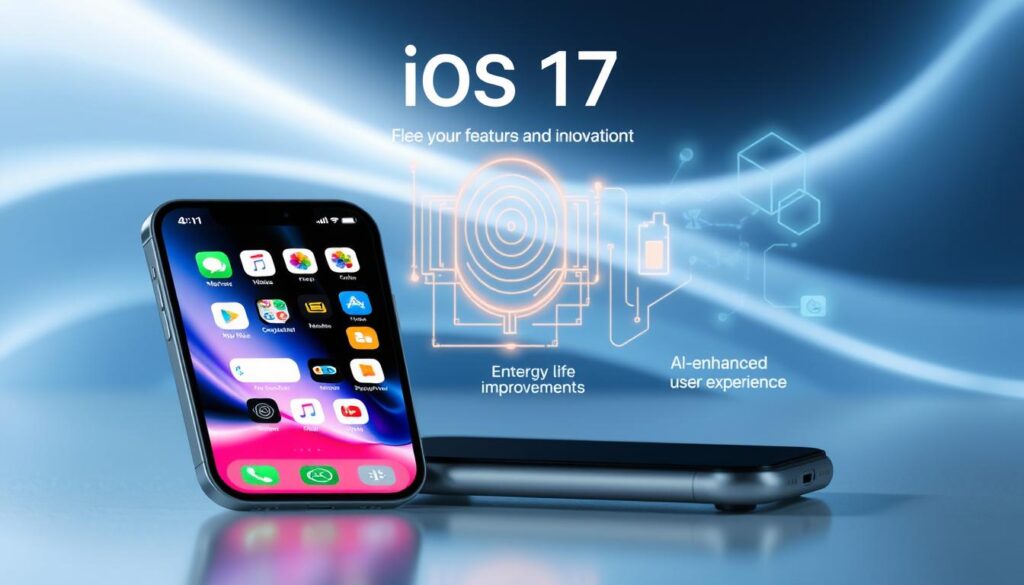 A visually striking concept showcase of the key features and innovations of iOS 17, highlighted in a digital environment. In the foreground, a sleek, modern iPhone displaying the iOS 17 home screen with vibrant app icons and widgets that exemplify energy efficiency and user-friendly design. The middle layer features abstract representations of battery life improvements and cutting-edge technologies, such as AI-enhanced functionalities and personalized user experience using luminous lines and glowing shapes. The background consists of a soft gradient with hints of blue and silver tones to evoke a sense of technology and sophistication. The scene is illuminated with soft, ambient lighting to create a polished, professional atmosphere, viewed from a slightly above angle, as if inviting the viewer to explore the future of mobile technology.