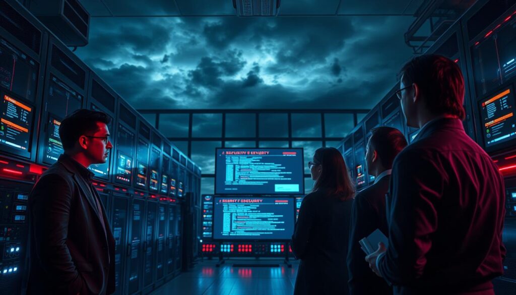 A dramatic depiction of a security system failure, focusing on a high-tech data center. In the foreground, a group of concerned IT professionals in business attire, looking at a monitor displaying alarming security alerts. The middle ground features rows of servers and glowing screens emitting blue and red lights, suggesting a crisis. In the background, large windows reveal a stormy sky, casting eerie shadows and reflecting the tense atmosphere. The lighting is tense and dim, with an emphasis on the glowing screens to enhance the mood of urgency and chaos. Capture the intensity on the faces of the professionals, highlighting their focus and determination as they work to resolve the issue amidst the unfolding disaster.