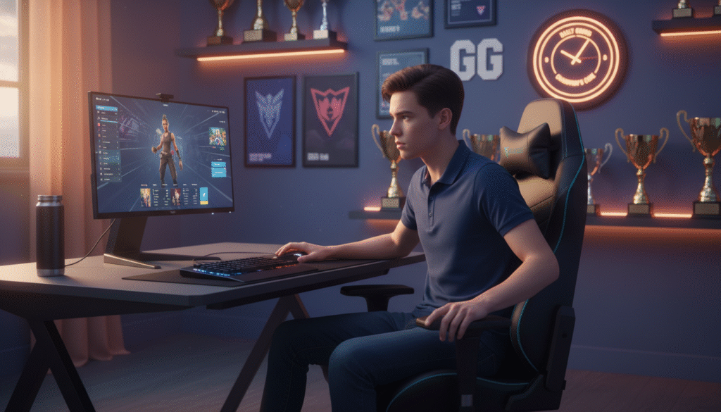 A focused and dynamic scene showcasing a dedicated gamer in an aspirational setting, practicing daily discipline in a modern gaming setup. In the foreground, a young individual sits at an ergonomic gaming desk, wearing comfortable but professional-looking attire like a polo shirt and jeans, intensely engaged with a laptop displaying a Fortnite tournament screen. The middle ground features a sleek gaming chair and a wall adorned with posters of gaming achievements. In the background, soft ambient lighting highlights a motivational wall clock and shelves filled with gaming trophies. The atmosphere is vibrant yet focused, emulating the energy of a champion preparing for success. Use a slightly elevated angle to capture the determination on the gamer's face, with warm lighting to emphasize ambition and dedication.