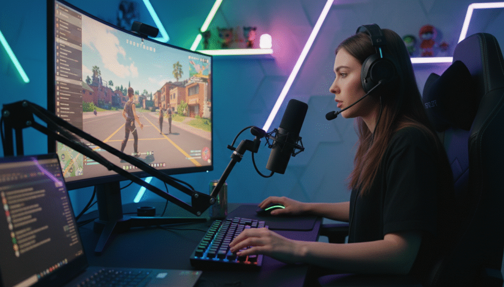 A focused esports streamer in a modern gaming setup, seated in a stylish ergonomic chair, intensely engaged in playing Fortnite on a high-end gaming monitor. The room is dimly lit with colorful LED lights illuminating the background, enhancing the vibrant atmosphere of gaming culture. In the foreground, a sleek microphone and professional gaming headset underscore the importance of communication in streaming. On the desk, energy drinks and a gaming laptop add to the daily routine. The mood is energetic and concentrated, capturing the essence of a dedicated streamer balancing fame with challenges. The camera angle is slightly low, emphasizing the streamer's focus, with a narrow depth of field to blur out the background, drawing attention to the subject.