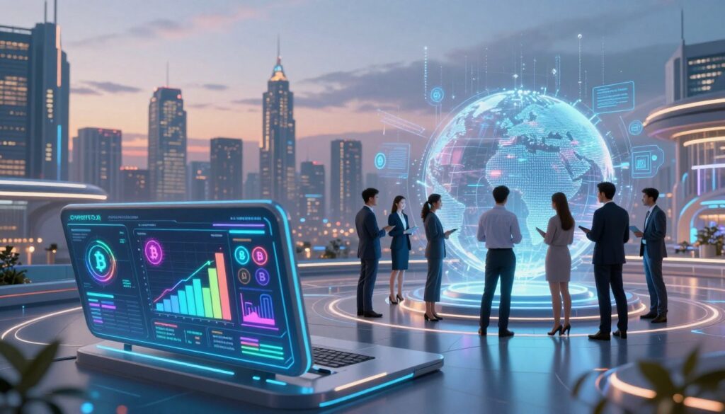 A futuristic digital landscape showcasing the prominent features of the "Crypto AI Ecosystem." In the foreground, a sleek, modern digital interface displays vibrant graphs and data analytics related to AI-driven cryptocurrency, with symbols representing various cryptocurrencies shimmering in neon colors. In the middle ground, a diverse group of professionals in business attire collaborates around a holographic globe, visibly engaging with AI technology and crypto concepts. The background features a city skyline with futuristic architecture, illuminated under a twilight sky filled with glowing data streams. The atmosphere is dynamic and optimistic, reflecting innovation and progress, with soft but bright lighting highlighting the technological elements. Use a wide-angle lens for a sweeping view that captures the depth of the ecosystem.