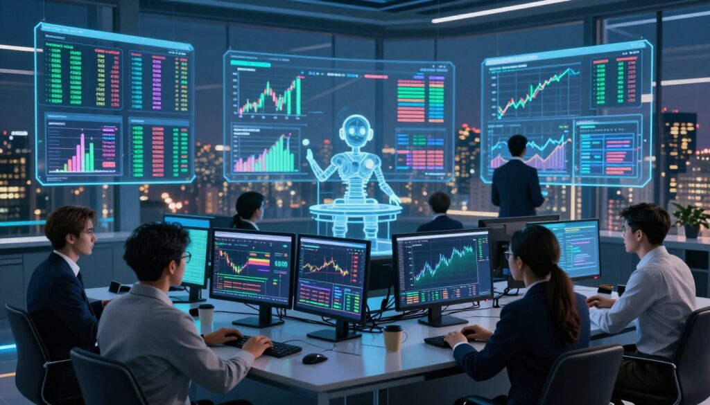 A futuristic, high-tech trading room featuring advanced artificial intelligence trading systems. In the foreground, diverse business professionals dressed in smart business attire are attentively monitoring multiple screens displaying complex data analytics, cryptocurrency charts, and AI algorithms in vibrant colors. The middle ground presents sleek digital interfaces with holographic representations of trading metrics and AI agents actively analyzing market trends. The background is filled with a panoramic cityscape at dusk, illuminated by city lights, representing innovation and opportunity. The lighting is dynamic, with blue and green tones creating a tech-savvy atmosphere. The image exudes a feeling of excitement and ambition, capturing the essence of AI technology in cryptocurrency trading.