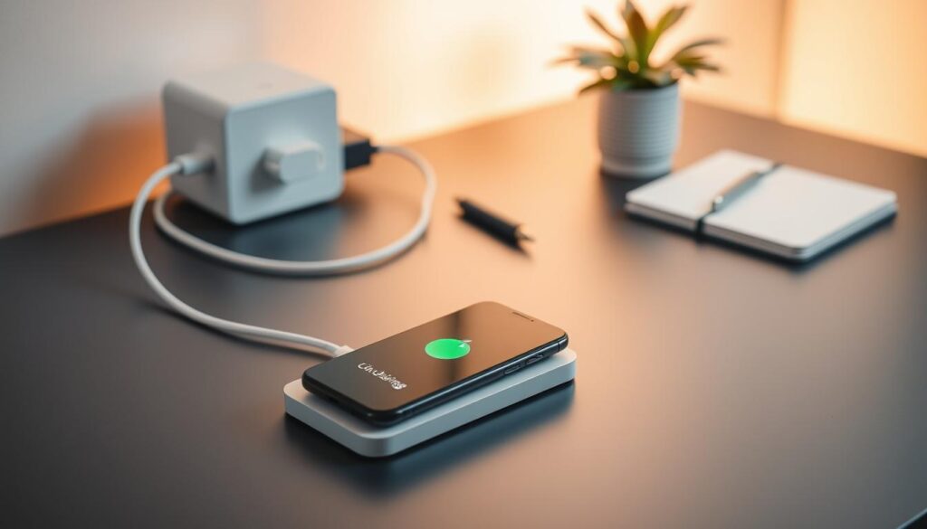 A modern, clean workspace featuring a smartphone charging correctly on a sleek, minimalist charging station. In the foreground, focus on the smartphone displaying a battery icon indicating it is charging. Use soft, warm lighting to create a calm and inviting atmosphere, emphasizing the importance of proper charging habits. In the middle ground, include a well-organized desk with a power adapter, an extension cable, and a notepad, suggesting a professional environment. In the background, a subtle out-of-focus image of a potted plant adds a touch of nature, enhancing the serene mood. Capture the scene with a slightly angled overhead view, highlighting both the device and the organized workspace, promoting the concept of responsible battery care without any distractions or text elements. A modern, clean workspace featuring a smartphone charging correctly on a sleek, minimalist charging station. In the foreground, focus on the smartphone displaying a battery icon indicating it is charging. Use soft, warm lighting to create a calm and inviting atmosphere, emphasizing the importance of proper charging habits. In the middle ground, include a well-organized desk with a power adapter, an extension cable, and a notepad, suggesting a professional environment. In the background, a subtle out-of-focus image of a potted plant adds a touch of nature, enhancing the serene mood. Capture the scene with a slightly angled overhead view, highlighting both the device and the organized workspace, promoting the concept of responsible battery care without any distractions or text elements.