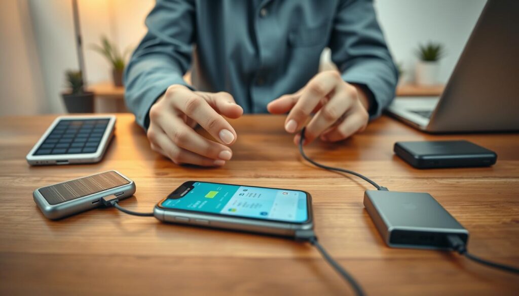 A modern smartphone placed on a wooden table, displaying a vibrant battery-saving app interface. Surround the phone with eco-friendly charging accessories, such as a solar charger and a power bank with a sleek design. The foreground features a pair of hands gently adjusting the phone settings, the person dressed in smart casual attire, focusing intently. In the middle, a soft, warm lighting creates a cozy atmosphere, highlighting the phone's screen and accessories. In the background, a minimalistic workspace is visible with plants and a laptop, promoting an organized tech lifestyle. The entire scene evokes a sense of practicality and care in battery management, emphasizing effective tips for prolonging smartphone battery life. A modern smartphone placed on a wooden table, displaying a vibrant battery-saving app interface. Surround the phone with eco-friendly charging accessories, such as a solar charger and a power bank with a sleek design. The foreground features a pair of hands gently adjusting the phone settings, the person dressed in smart casual attire, focusing intently. In the middle, a soft, warm lighting creates a cozy atmosphere, highlighting the phone's screen and accessories. In the background, a minimalistic workspace is visible with plants and a laptop, promoting an organized tech lifestyle. The entire scene evokes a sense of practicality and care in battery management, emphasizing effective tips for prolonging smartphone battery life.