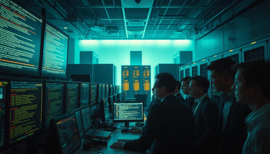In a high-tech, dimly lit control room filled with computer screens displaying chaotic error messages, a tense atmosphere prevails. In the foreground, a diverse group of professionals in business attire examines the screens, their expressions a mix of confusion and concern. The middle layer features intricate hardware components malfunctioning, with wires sparking and glowing lights flickering. In the background, silhouettes of towering supercomputers loom, creating a sense of enormity and desperation. Soft blue and green lighting casts dramatic shadows, enhancing the mood of uncertainty and the weight of technological failure. The angle is slightly low, emphasizing the scale of the supercomputers while ensuring the human element remains a focal point.