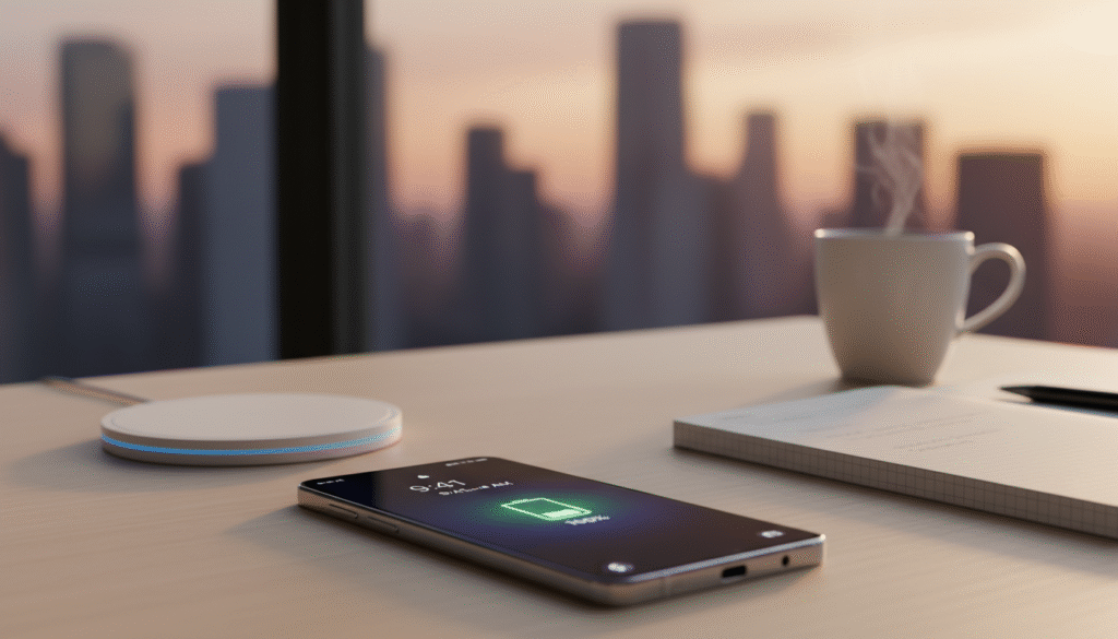 A sleek Galaxy S25 Ultra smartphone is prominently displayed in the foreground on a modern wooden desk, showcasing its vibrant screen with a battery life indicator. Surrounding the phone, a stylish wireless charger sits alongside a notebook and a cup of coffee, suggesting a productive work environment. In the middle ground, soft lighting highlights the phone's elegant design and emphasizes the glossy finish. The background features a blurred silhouette of a city skyline through a window, hinting at a dynamic lifestyle. The overall atmosphere exudes professionalism and innovation, perfect for showcasing battery endurance and charging capabilities. The image is captured from a slight angle to provide depth, with a warm, inviting light that enhances the high-tech look of the device.