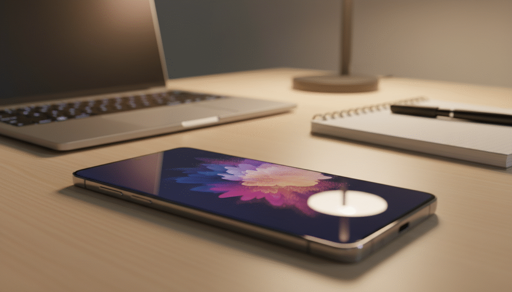 A sleek and modern Samsung Galaxy S25 Ultra smartphone prominently displayed in the foreground, showcasing its large, vibrant touchscreen and refined design. The device is angled slightly to the right, allowing the viewer to see the stunning display and camera array on the back. The background features a stylish workspace with soft-focus elements such as a laptop, notebook, and ambient lighting that creates a professional atmosphere. The lighting is warm and natural, illuminating the phone with a subtle glow, while reflections dance on the glossy surfaces. The angle of the shot is eye-level, capturing the phone's premium feel and advanced technology, evoking a sense of innovation and style ideal for a tech-savvy audience.