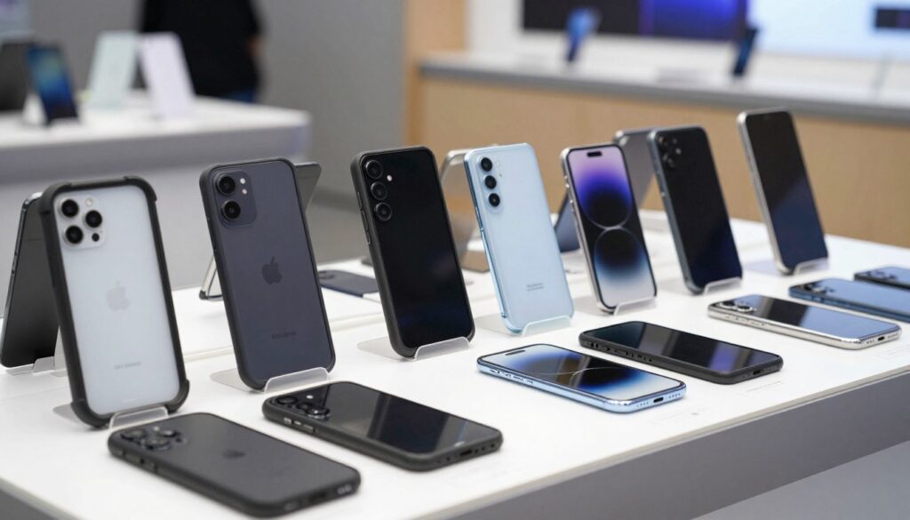 A visually engaging display of a selection of protective cases and screen protectors for foldable smartphones. In the foreground, various smartphone cases with distinct designs, colors, and materials are showcased—some are rugged, others sleek and professional. The middle includes different styles of screen protectors laid out beside the cases, emphasizing durability and clarity. The background features a subtle but modern tech-inspired setting, with soft, diffused lighting that highlights the features of each product. The scene should convey a sense of innovation and careful choice, appealing to tech-savvy consumers seeking the best options for their foldable devices. The overall mood is informative yet inviting, designed to assist users in making thoughtful decisions. A visually engaging display of a selection of protective cases and screen protectors for foldable smartphones. In the foreground, various smartphone cases with distinct designs, colors, and materials are showcased—some are rugged, others sleek and professional. The middle includes different styles of screen protectors laid out beside the cases, emphasizing durability and clarity. The background features a subtle but modern tech-inspired setting, with soft, diffused lighting that highlights the features of each product. The scene should convey a sense of innovation and careful choice, appealing to tech-savvy consumers seeking the best options for their foldable devices. The overall mood is informative yet inviting, designed to assist users in making thoughtful decisions.